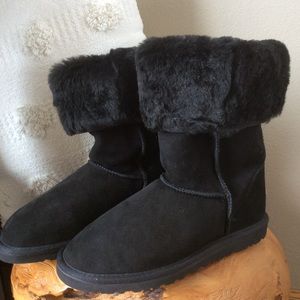Sweet Sole Sheepskin Black Suede Boots